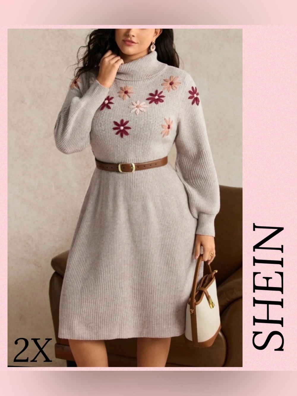 SHEIN Light Gray Turtleneck Sweater Dress with Pink & Burgundy Floral Embroidery